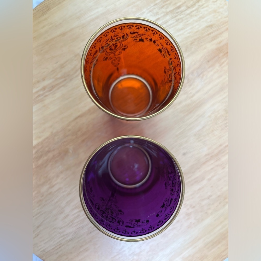 Vintage Moroccan Tea Glasses-RARE-Set of 2-Violet and Orange Trimmed in Gold - Picture 2 of 3